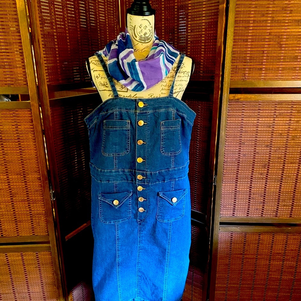 Stylish Denim Dress w/Pockets and Free Blue Scarf!